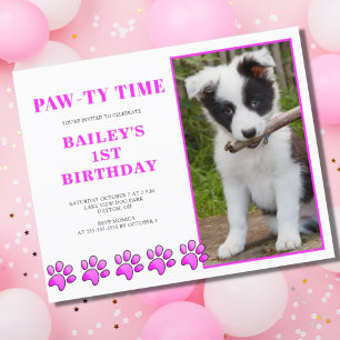 Budget Pink Pawty Time Dog Birthday Invitation