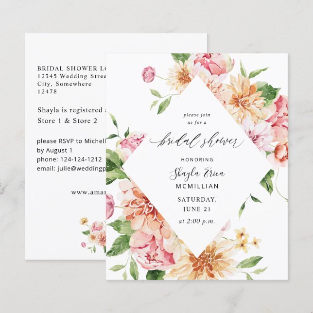 Budget Pink & Peach Floral & Greener Bridal Shower (Front/Back)