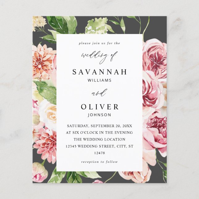Budget Pink & Peach Floral & Greenery Wedding Grey Flyer (Front)