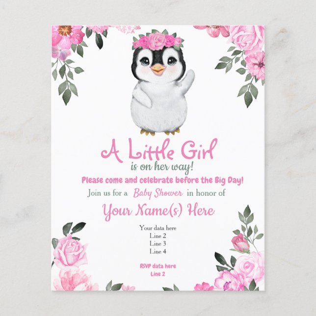 Budget Pink Penguin Floral Baby Shower Flyer (Front)