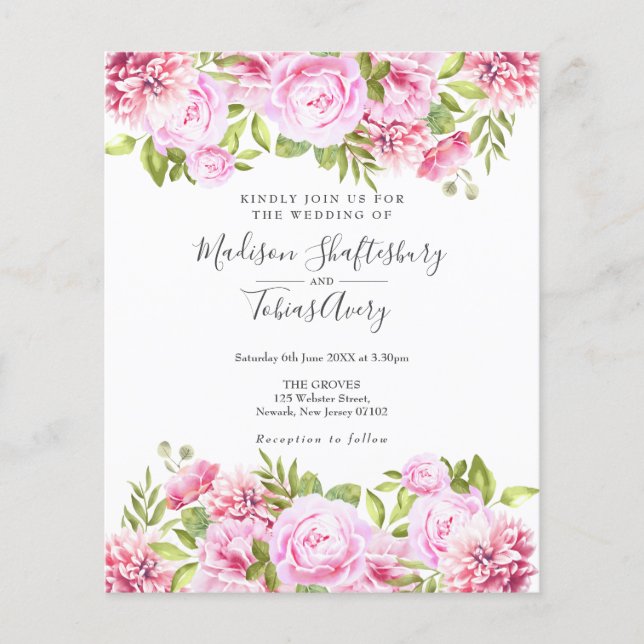 Budget Pink Peony Floral Photo Wedding Invitation (Front)