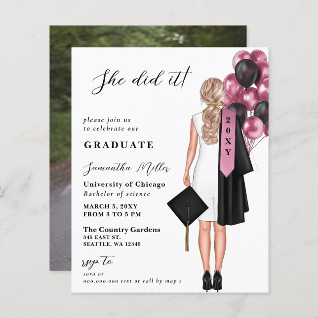 Budget Pink Photo She Did It Graduation (Front/Back)