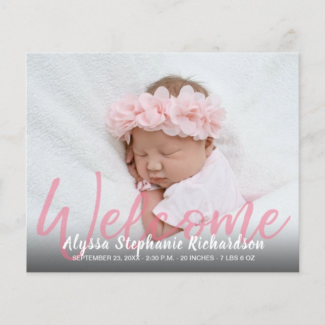 Budget Pink Photo Welcome Birth Announcement Flyer (Front)