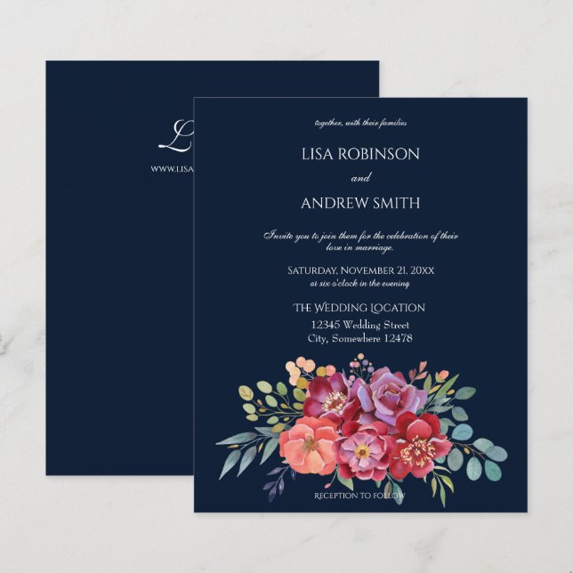 Budget Pink & Plum Tropical Floral Navy 2 Wedding (Front/Back)