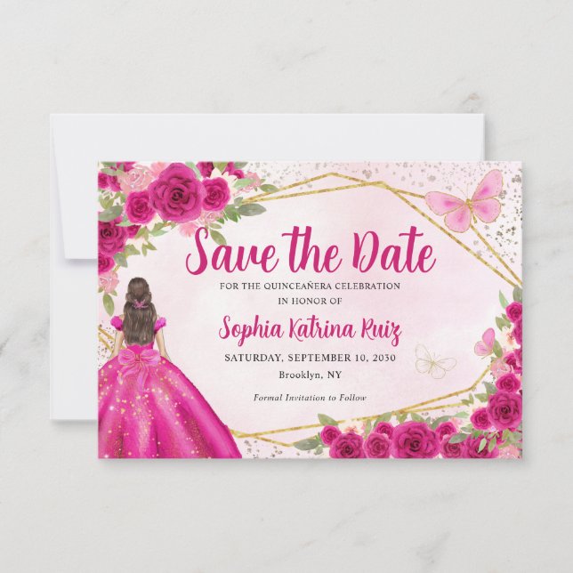 Budget Pink Princess Quinceañera Save the Date Card (Front)