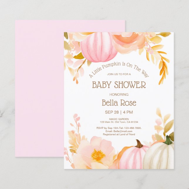 Budget Pink Pumpkin Fall Baby Shower Invitation (Front/Back)