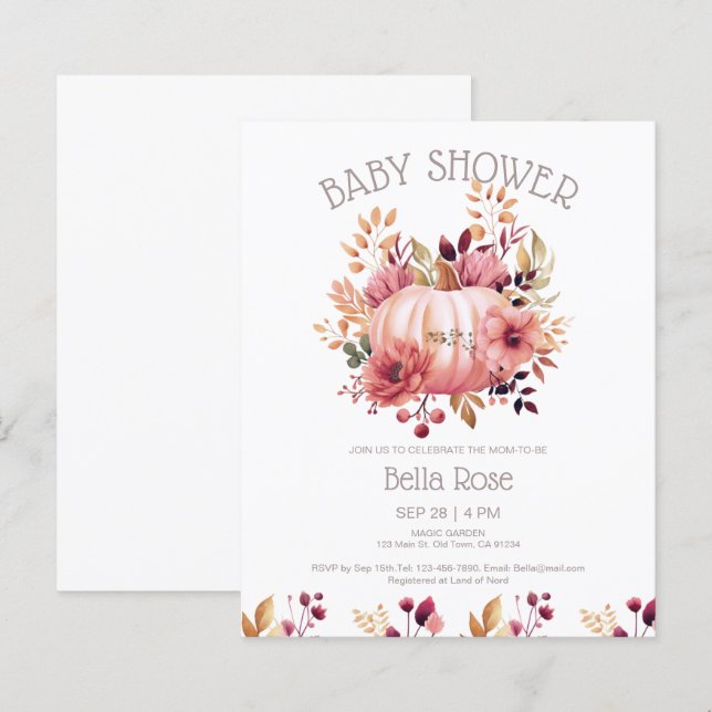 Budget Pink Pumpkin Floral Baby Shower Invitation (Front/Back)