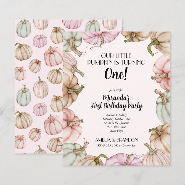 Budget Pink Pumpkins Girl Birthday Invitations (Front/Back)