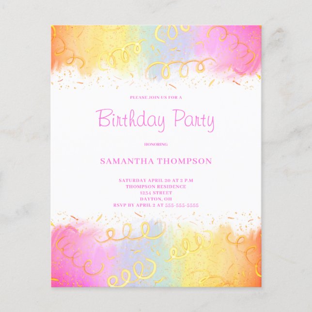 Budget Pink Rainbow Confetti Birthday Invitation (Front)