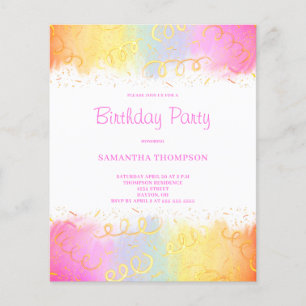 Budget Pink Rainbow Confetti Birthday Invitation Flyer