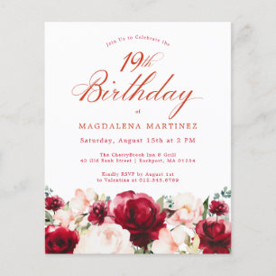 Budget Pink Red Floral 19th Birthday Invite