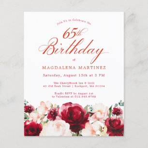 Budget Pink Red Floral 65th Birthday Invite