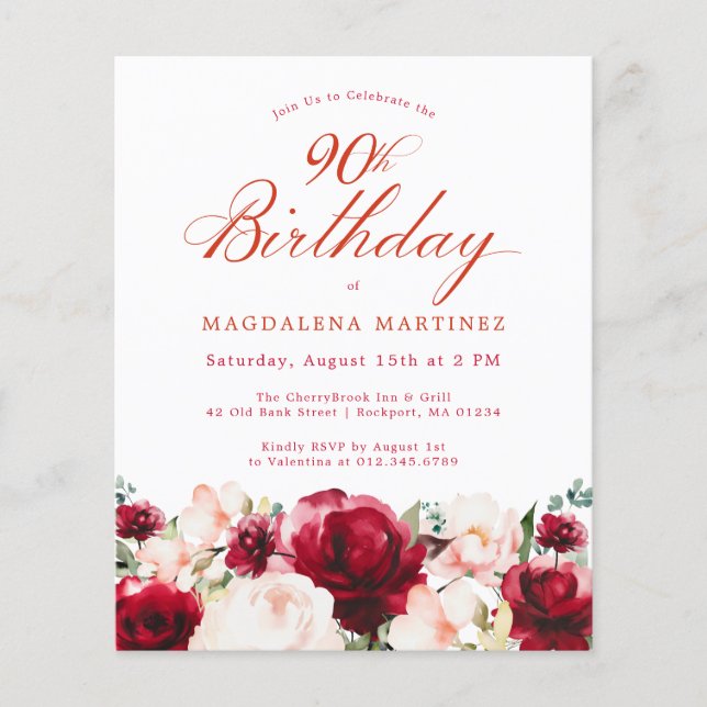 Budget Pink Red Floral 90th Birthday Invite (Front)