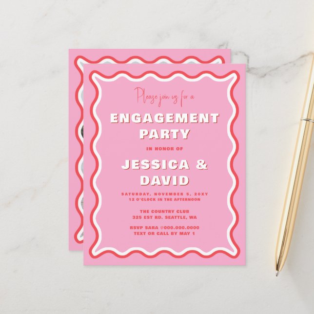 Budget Pink Red Photo Engagement Party Invitation (Front/Back In Situ)