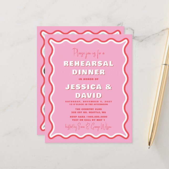 Budget Pink Red Photo Rehearsal Dinner Invite (Front/Back In Situ)
