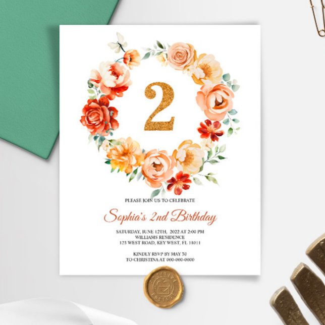 Budget Pink & Red Wreath 2nd Birthday Invitation (Creator Uploaded)