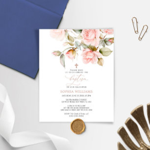 Budget Pink Rose and Greenery Baptism Invitation