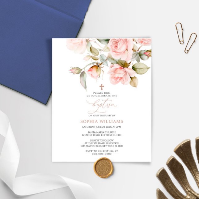 Budget Pink Rose and Greenery Baptism Invitation (Creator Uploaded)