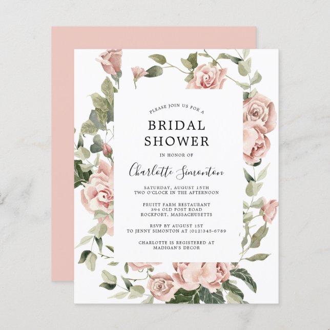 Budget Pink Rose Floral Bridal Shower Invitation (Front/Back)