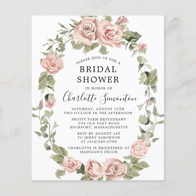 Budget Pink Rose Floral Bridal Shower Invitation Flyer (Front)