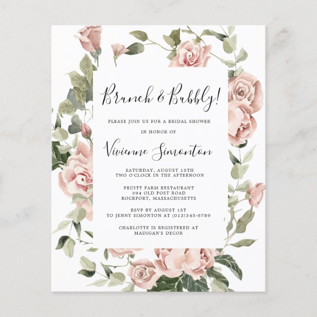 Budget Pink Rose Floral Brunch Bubbly Invitation Flyer (Front)