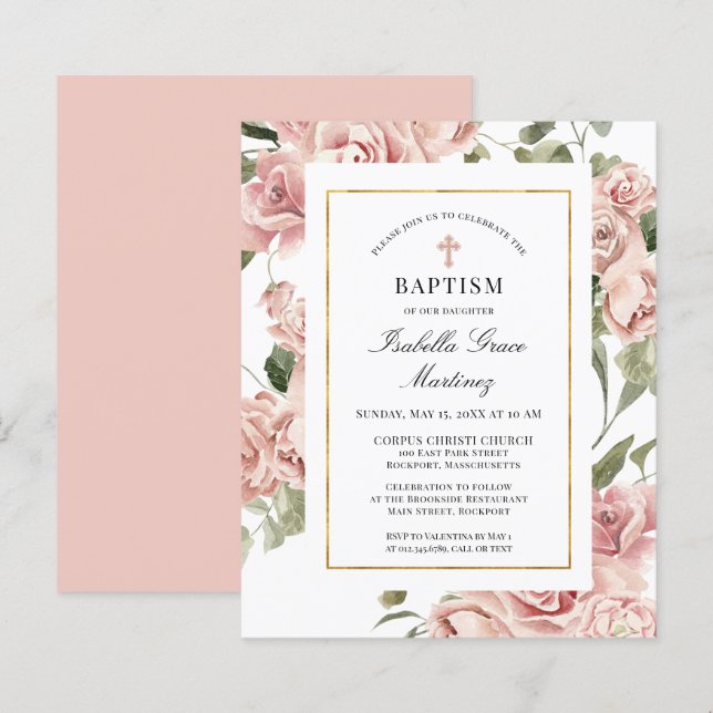 Budget Pink Rose Floral Cross Baptism Invitation (Front/Back)