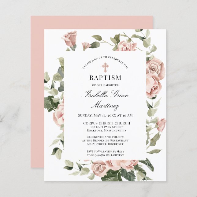 Budget Pink Rose Floral Cross Baptism Invitation (Front/Back)