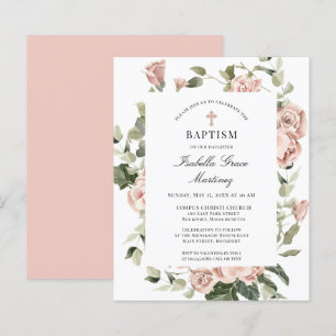 Budget Pink Rose Floral Cross Baptism Invitation