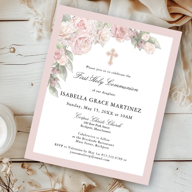 Budget Pink Rose Floral First Communion Invitation (Creator Uploaded)