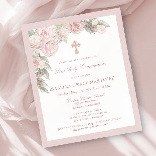 Budget Pink Rose Floral First Communion Invitation