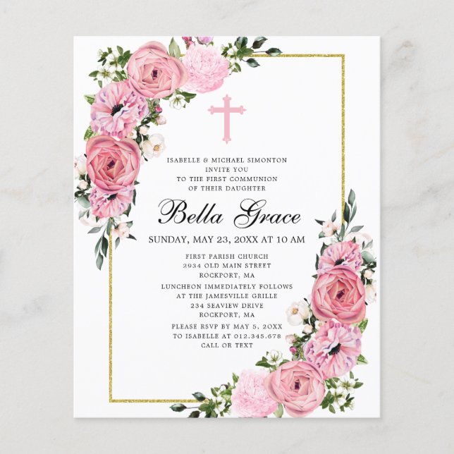 Budget Pink Rose Floral First Communion Invitation (Front)