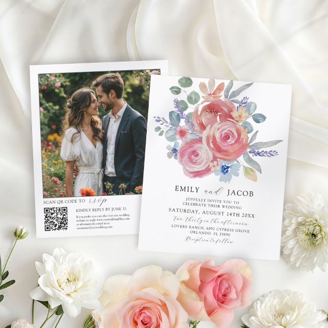 Budget Pink Rose Floral Watercolor QR Code Wedding (Creator Uploaded)