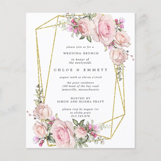 Budget Pink Rose Floral Wedding Brunch Invitation (Front)