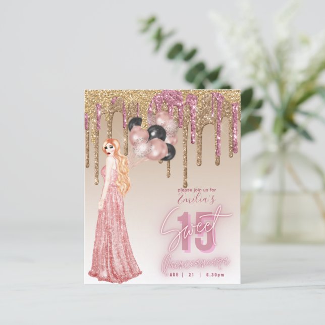 BUDGET Pink Rose Gold Glitter Quinceanera Red Hair (Standing Front)