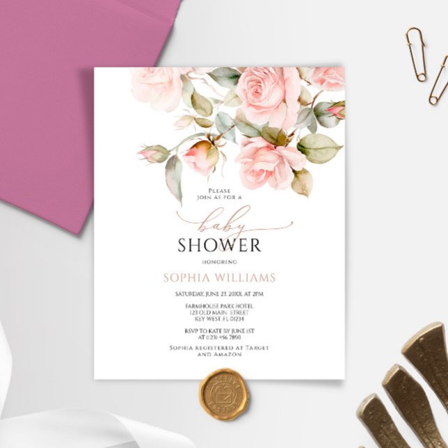 Budget Pink Rose & Greenery Baby Shower Invitation (Creator Uploaded)