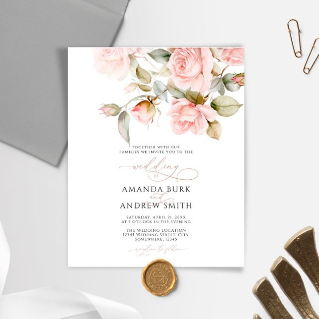 Budget Pink Rose & Greenery Wedding Invitation (Creator Uploaded)
