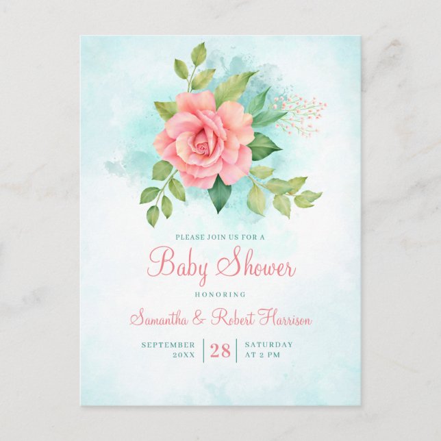 Budget Pink Rose Turquoise Floral Baby Shower Invitation Postcard (Front)