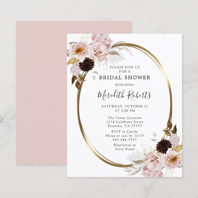 Budget Pink Roses Gold Bridal Shower Invitation (Front/Back)