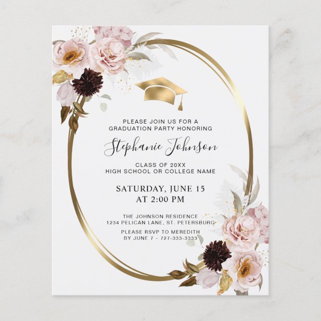 Budget Pink Roses Gold Metallic Grad Party Invite (Front)
