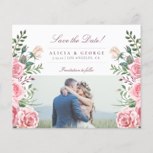 Budget pink roses photo wedding save the date flyer