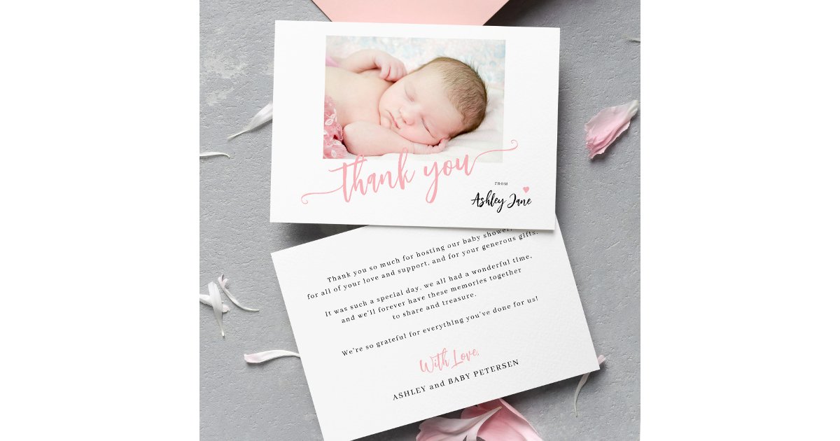 Budget pink script photo baby shower thank you card | Zazzle