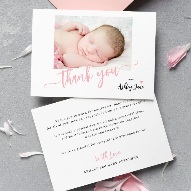 Budget pink script photo baby shower thank you card (Available in different sizes)