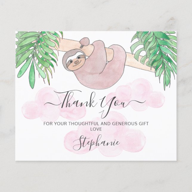 Budget Pink Sloth Baby Shower Thank You Card (Front)