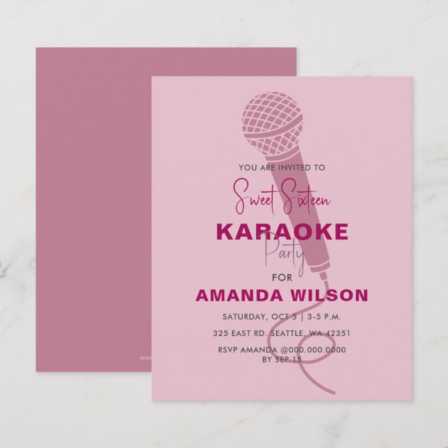 Budget  Pink Sweet 16 Karaoke Party Invitation (Front/Back)