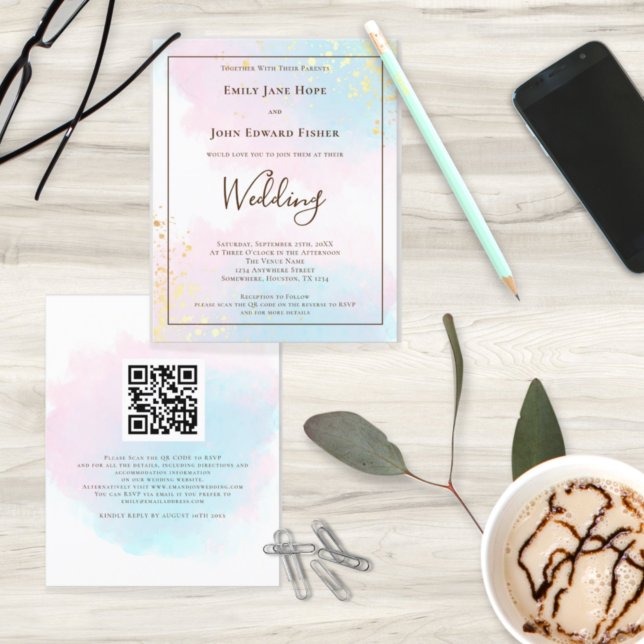 Budget Pink Teal Watercolor QR Code Wedding Invite (Creator Uploaded)