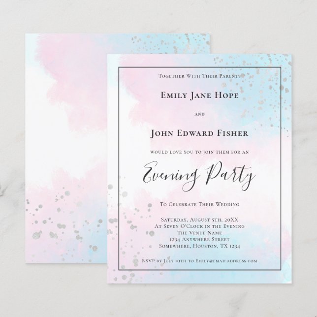 Budget Pink Teal Watercolor Silver Wedding Evening (Front/Back)