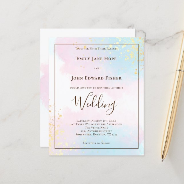 Budget Pink Teal Watercolor Wedding Invitation (Front/Back In Situ)
