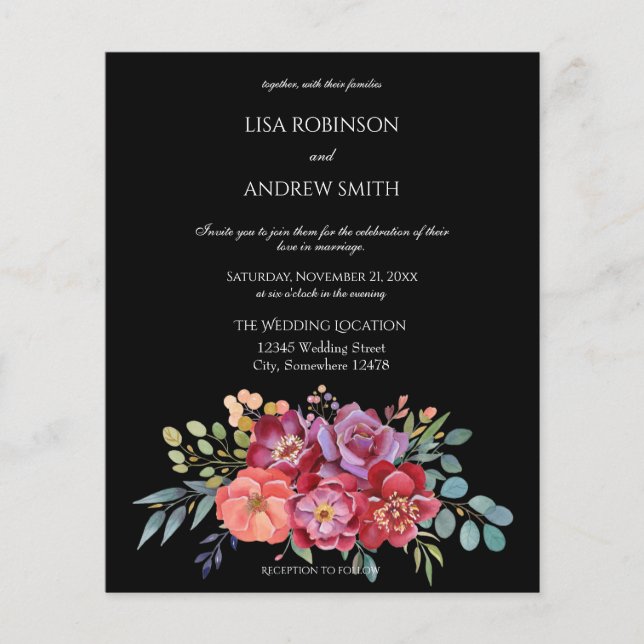 Budget Pink Tropical Floral Black V2 Wedding Flyer (Front)