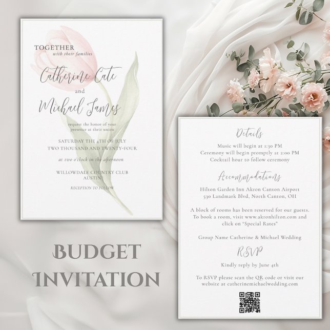 Budget Pink Tulip Floral Sage Elegant Wedding Invitation (Creator Uploaded)