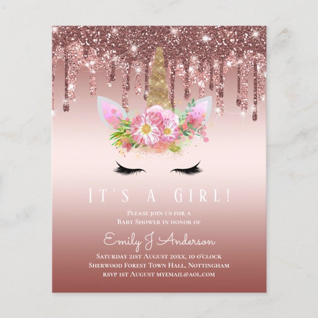 BUDGET Pink Unicorn Baby Shower Dripping Glitter (Front)